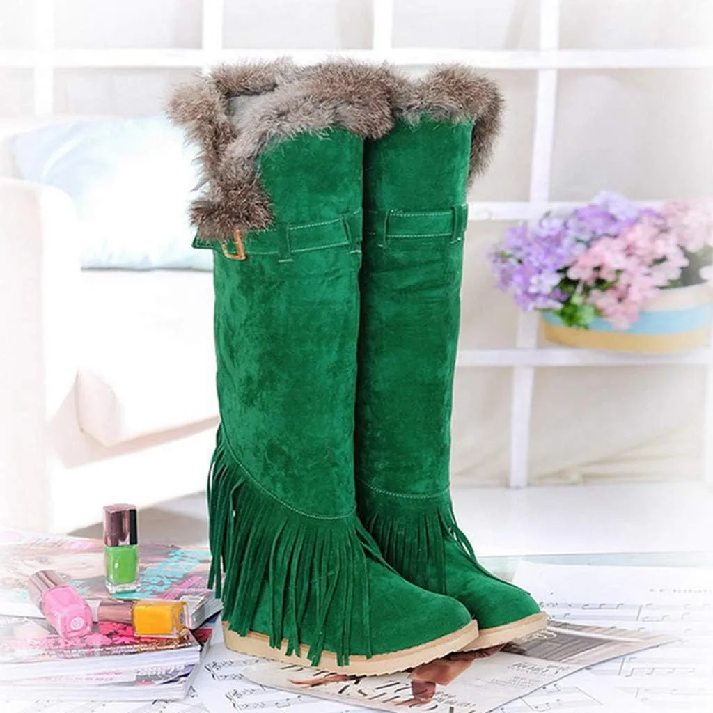 MIOKE Women's Winter Knee High Tall Snow Boots Fashion Buckle Fringe Waterproof Warm Fur Wide Calf Snow Boot