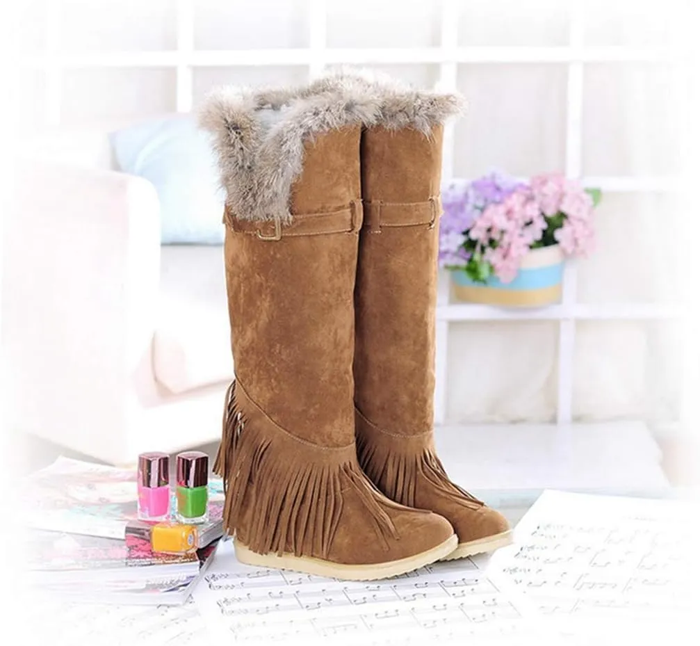 MIOKE Women's Winter Knee High Tall Snow Boots Fashion Buckle Fringe Waterproof Warm Fur Wide Calf Snow Boot