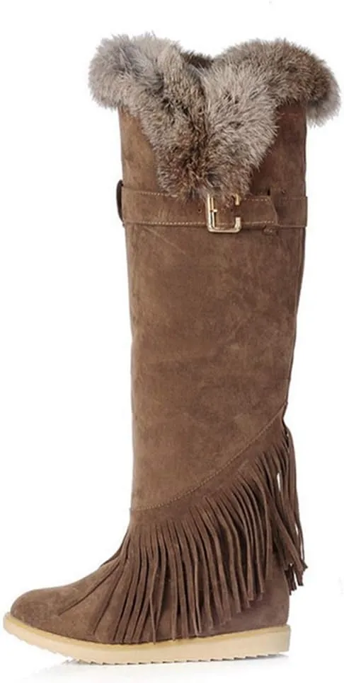 MIOKE Women's Winter Knee High Tall Snow Boots Fashion Buckle Fringe Waterproof Warm Fur Wide Calf Snow Boot