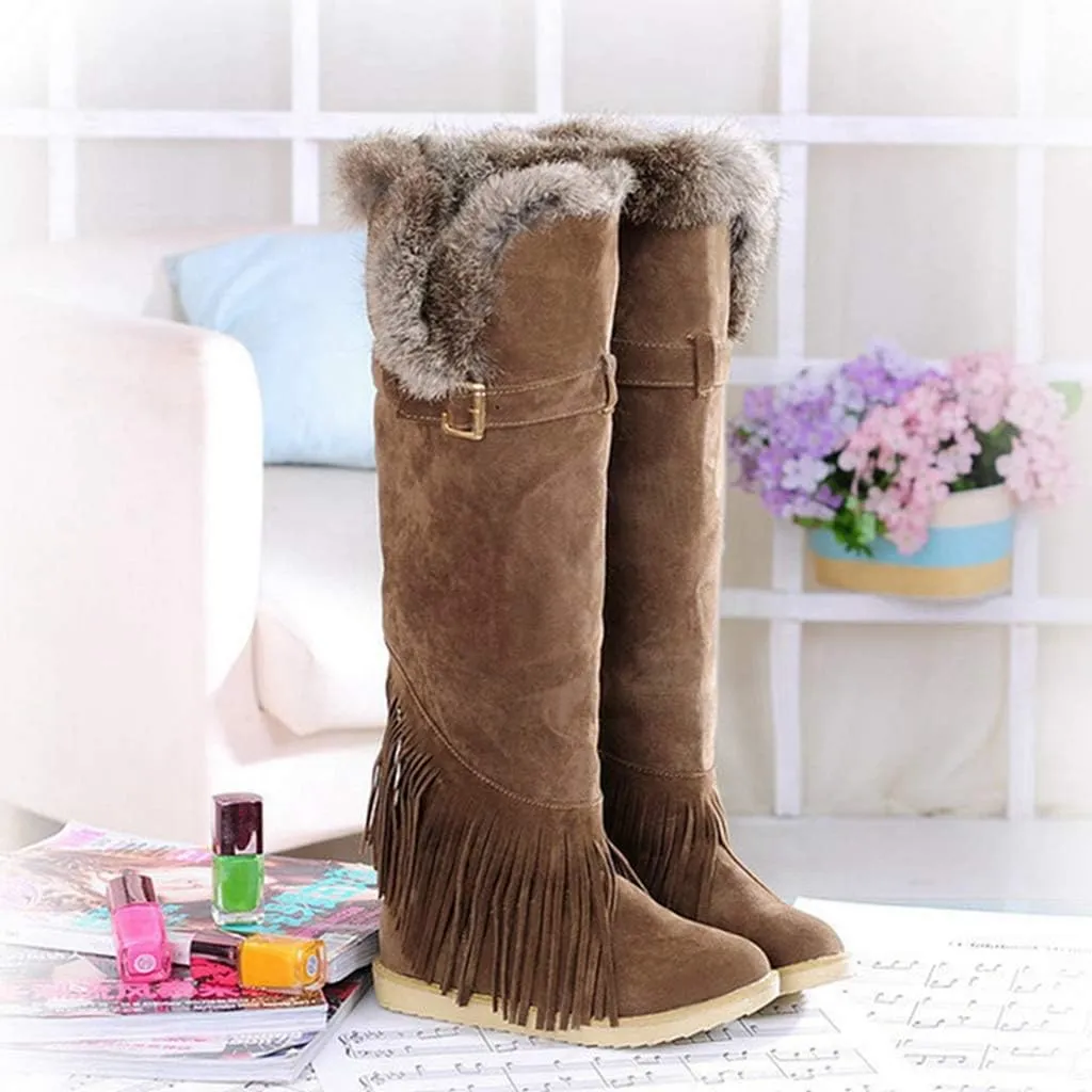 MIOKE Women's Winter Knee High Tall Snow Boots Fashion Buckle Fringe Waterproof Warm Fur Wide Calf Snow Boot