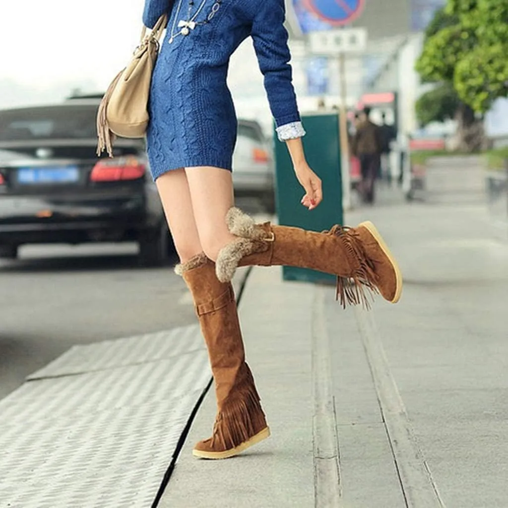 MIOKE Women's Winter Knee High Tall Snow Boots Fashion Buckle Fringe Waterproof Warm Fur Wide Calf Snow Boot