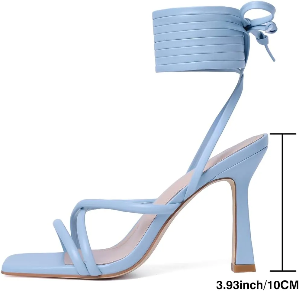 Mostrin Womens Sandals Strappy Heels for Women Lace Up Square Open Toe Heels Tie Up High Heeled Sandals for Prom, Party, Daily Wear