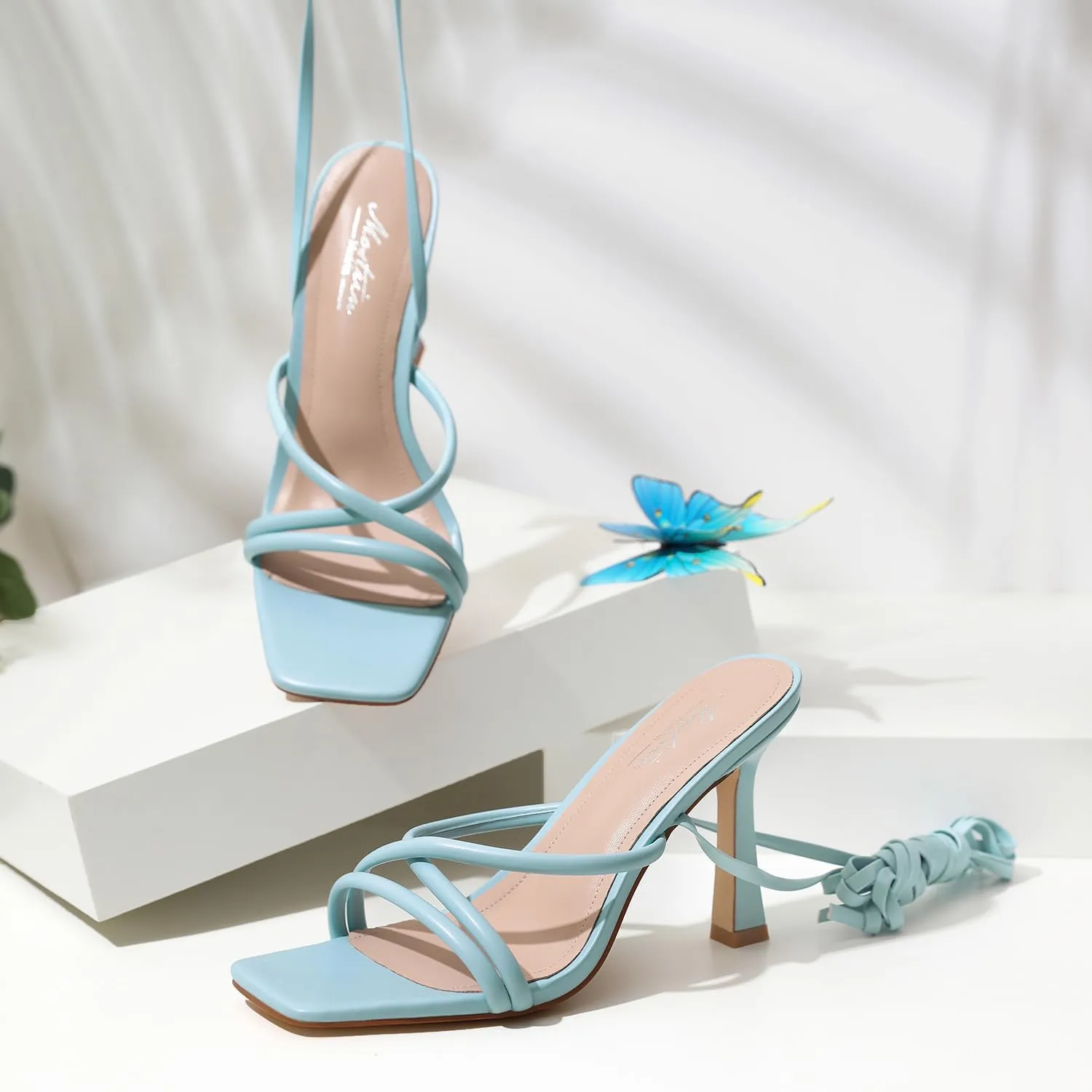 Mostrin Womens Sandals Strappy Heels for Women Lace Up Square Open Toe Heels Tie Up High Heeled Sandals for Prom, Party, Daily Wear