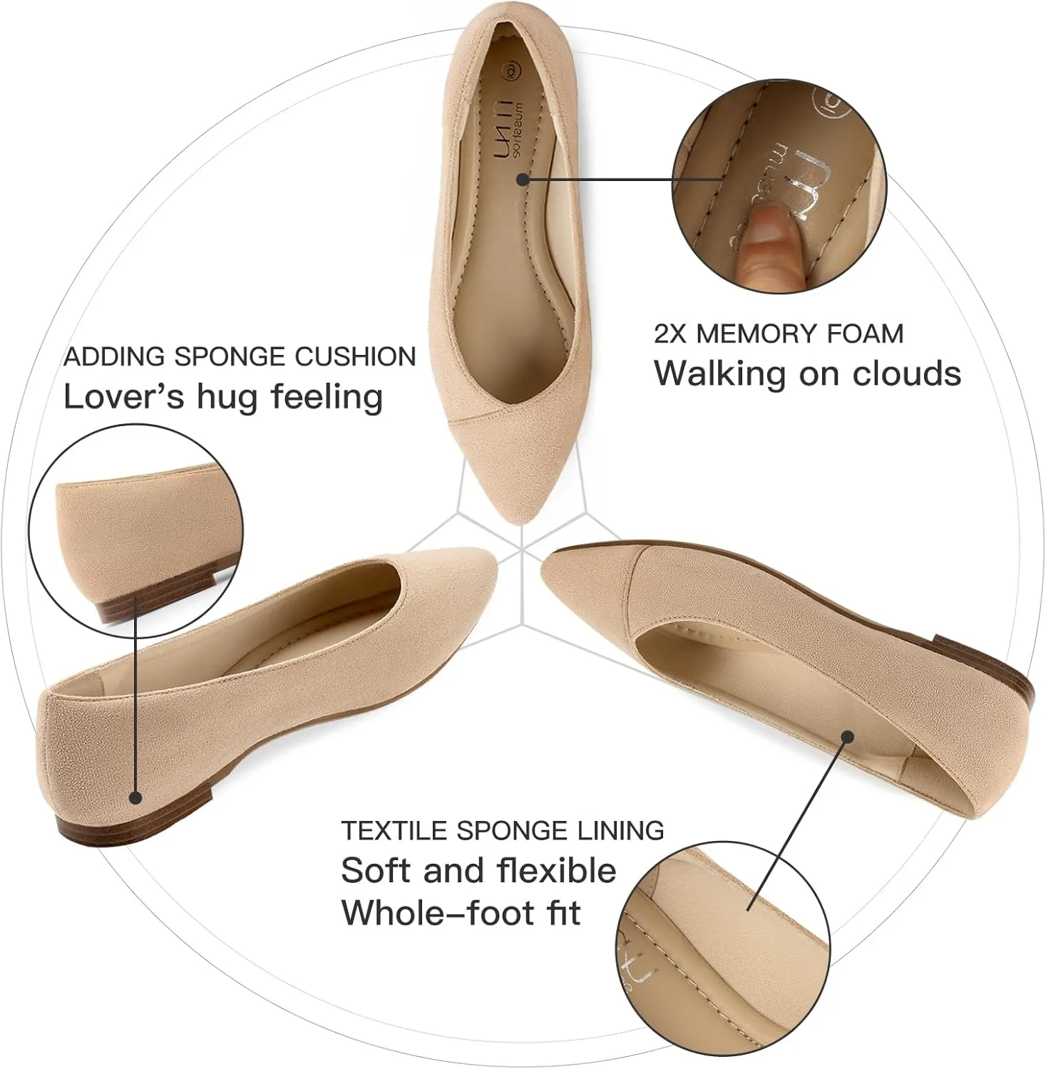 MUSSHOE Women’s Ballet Flat Shoes Comfortable Pointed Toe Slip on Black Shoes for Woman Classic Soft Shoes