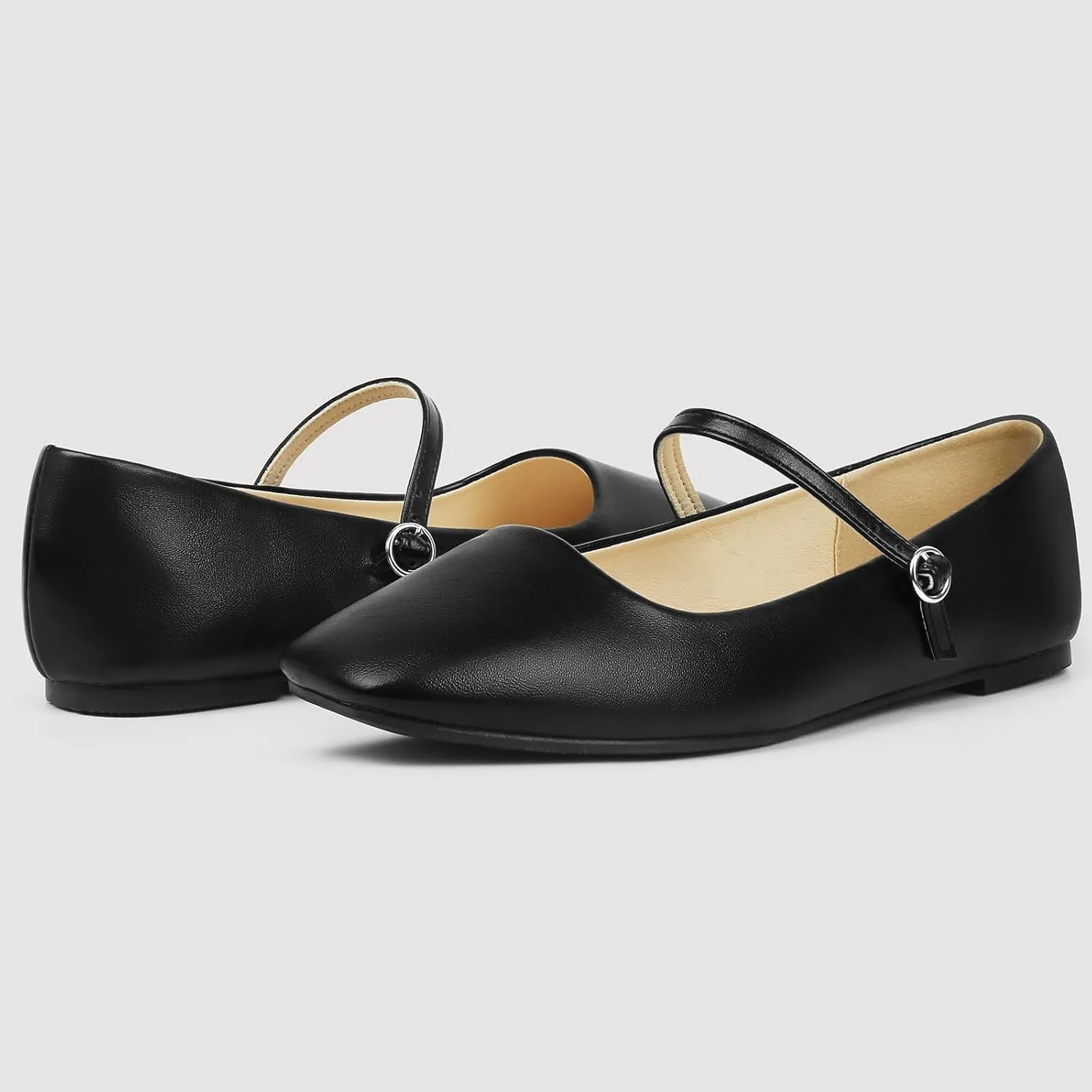 MUSSHOE Womens Ballet Mary Jane Flats Shoes Adjustable Strap Comfortable Square Closed Toe Versatile Chic Footwear with Latex Insole