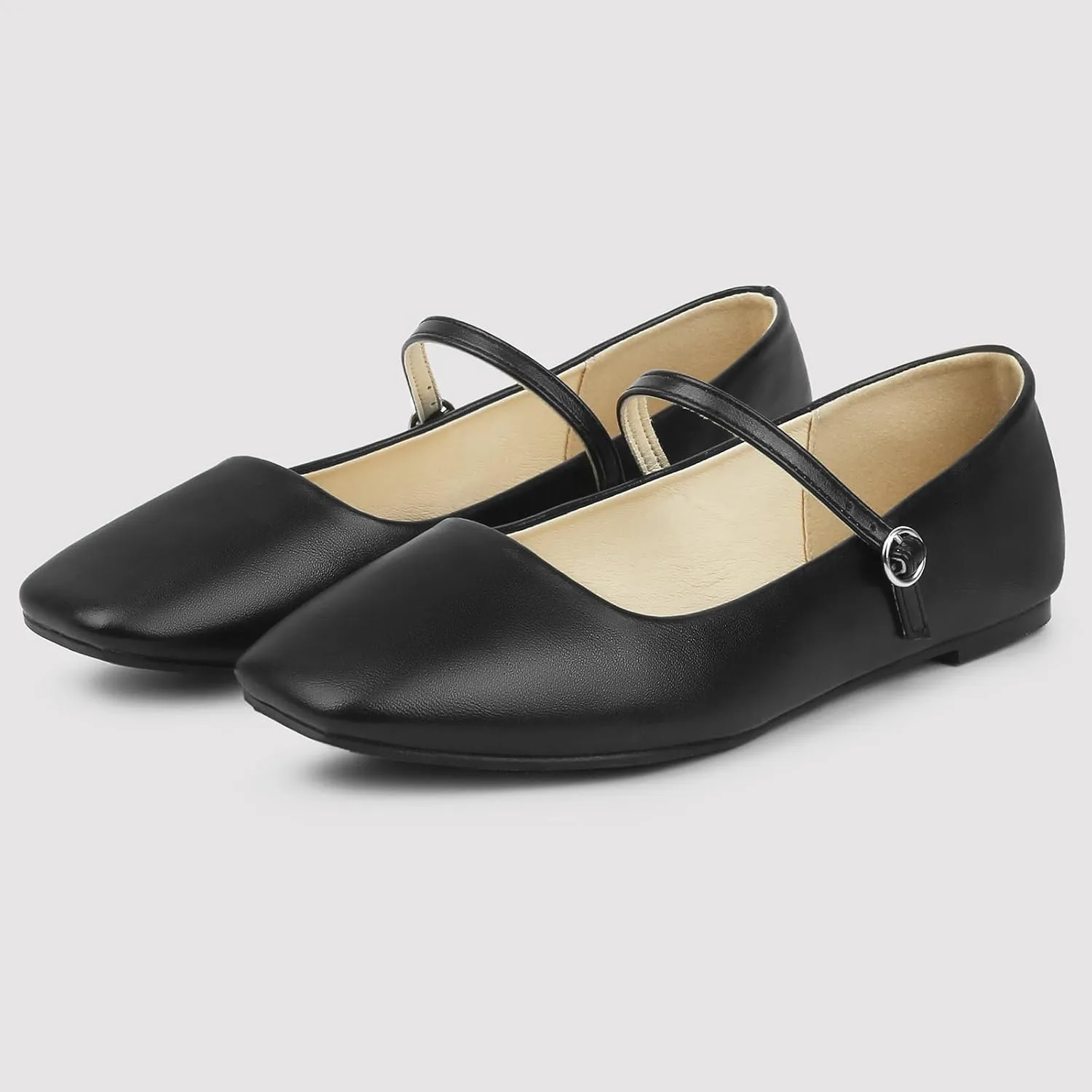 MUSSHOE Womens Ballet Mary Jane Flats Shoes Adjustable Strap Comfortable Square Closed Toe Versatile Chic Footwear with Latex Insole