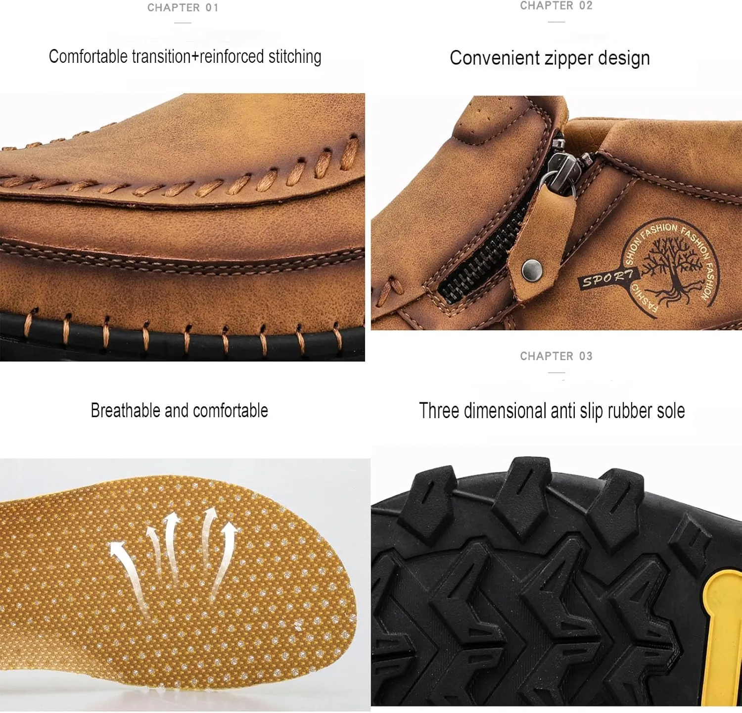 Myallfeet Men's Retro Hand Sewn Hiking Loafers Anti Slip Leather Side Zipper Outdoor Hiking Driving Shoes Arch Supported Business and Office Loafers