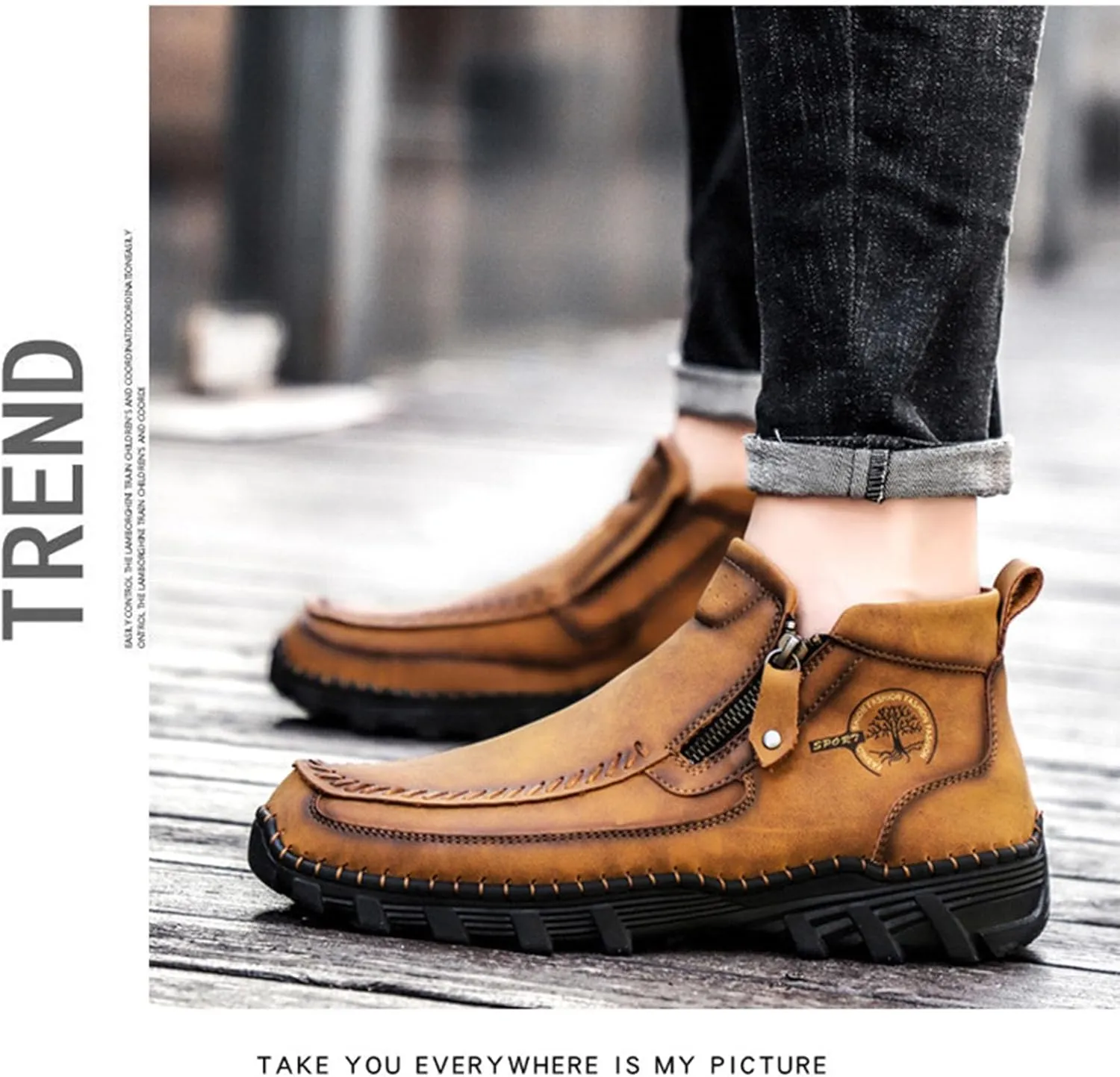 Myallfeet Men's Retro Hand Sewn Hiking Loafers Anti Slip Leather Side Zipper Outdoor Hiking Driving Shoes Arch Supported Business and Office Loafers