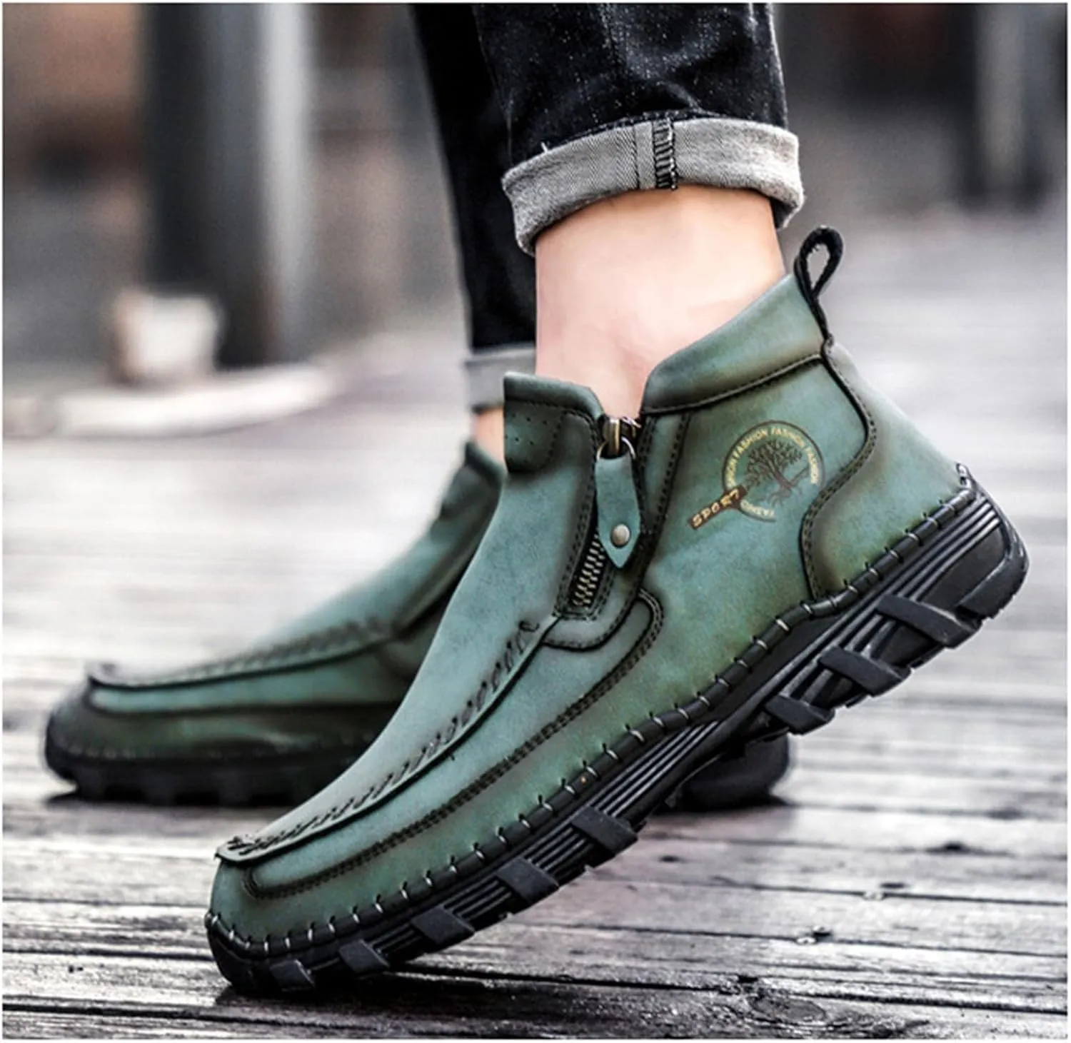 Myallfeet Men's Retro Hand Sewn Hiking Loafers Anti Slip Leather Side Zipper Outdoor Hiking Driving Shoes Arch Supported Business and Office Loafers