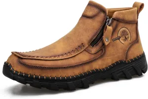 Myallfeet Men's Retro Hand Sewn Hiking Loafers Anti Slip Leather Side Zipper Outdoor Hiking Driving Shoes Arch Supported Business and Office Loafers