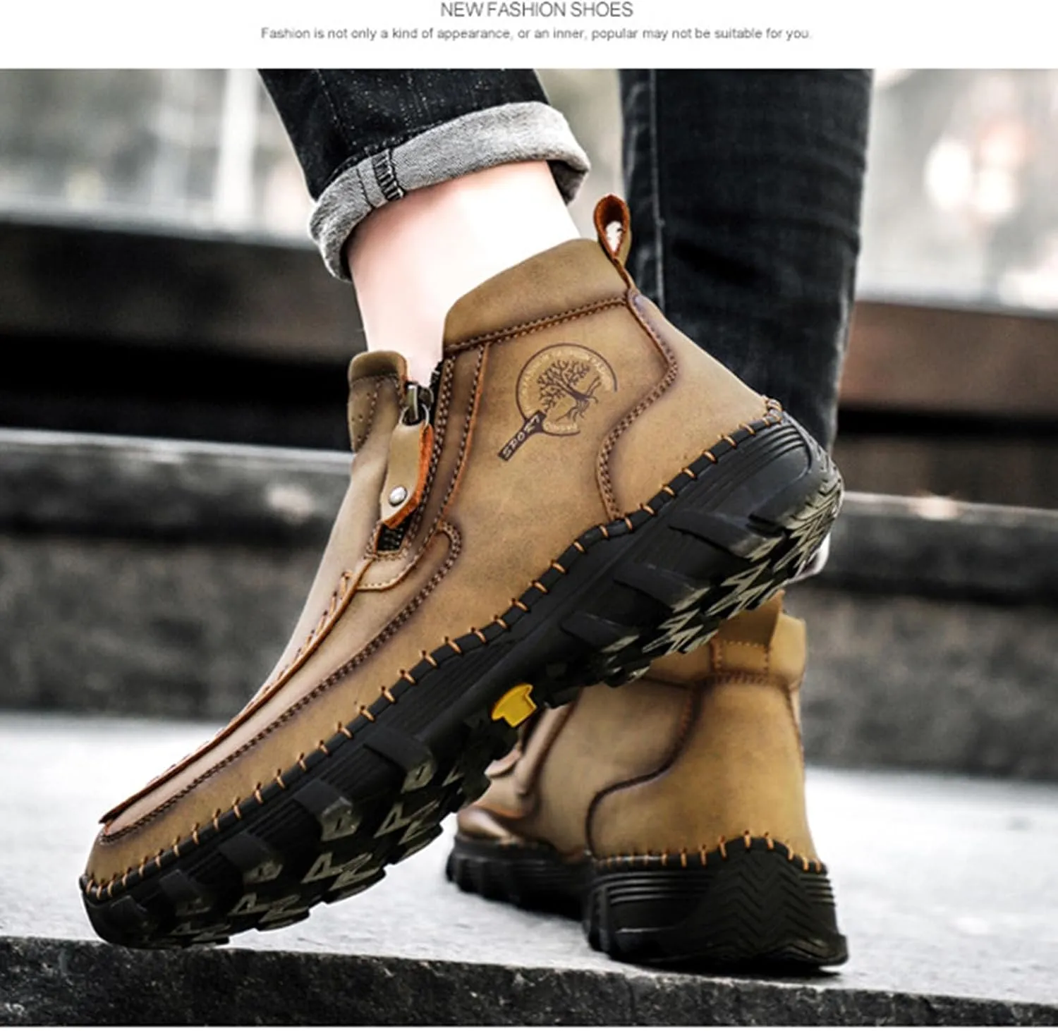 Myallfeet Men's Retro Hand Sewn Hiking Loafers Anti Slip Leather Side Zipper Outdoor Hiking Driving Shoes Arch Supported Business and Office Loafers