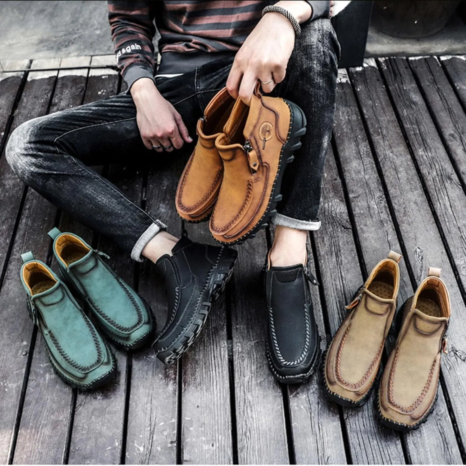 Myallfeet Men's Retro Hand Sewn Hiking Loafers Anti Slip Leather Side Zipper Outdoor Hiking Driving Shoes Arch Supported Business and Office Loafers