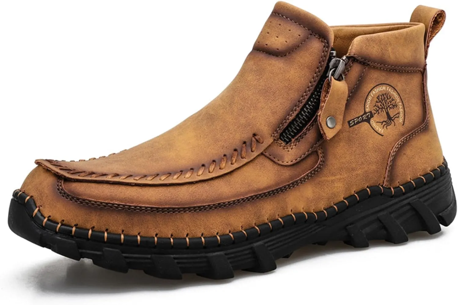 Myallfeet Men's Retro Hand Sewn Hiking Loafers Anti Slip Leather Side Zipper Outdoor Hiking Driving Shoes Arch Supported Business and Office Loafers