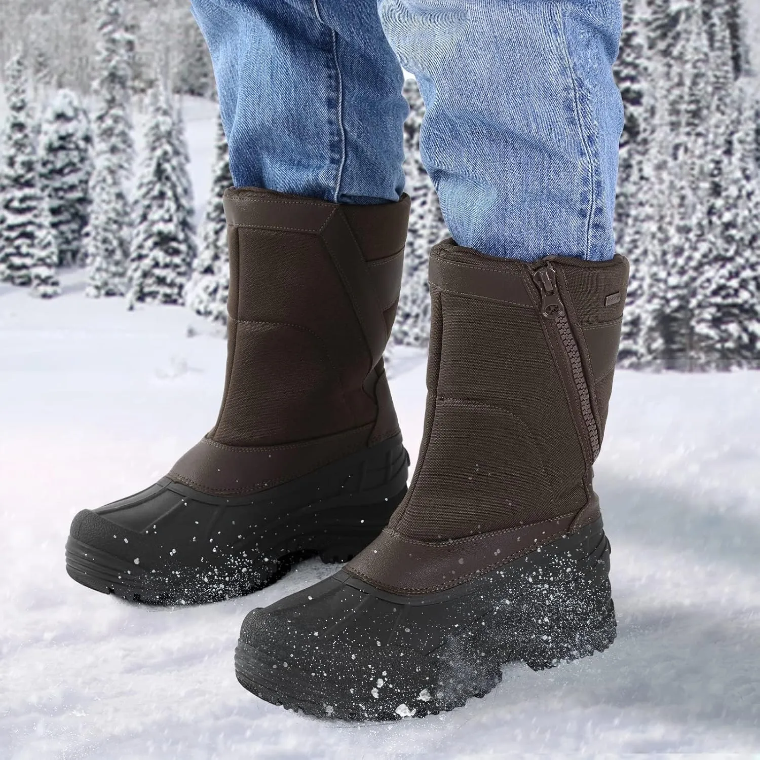 mysoft Men's Winter Snow Boots Mid Calf Waterproof Insulated Fur Lined Warm Anti-Slip Zip Boot