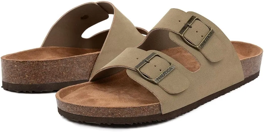 Nautica Men's Sandals - Casual Slides with 2 Adjustable Buckle Straps and Cork Footbed for Ultimate Comfort and Style (Regular/Wide Width, Big Size)