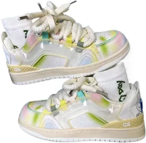 Neon Gradient & Cartoon Accents Chunky Sole Sneakers - Height-Boosting Platform with Translucent Panels & Decorative Laces | Breathable Korean Instagram Trend, Ideal for Women & Casual Outfits