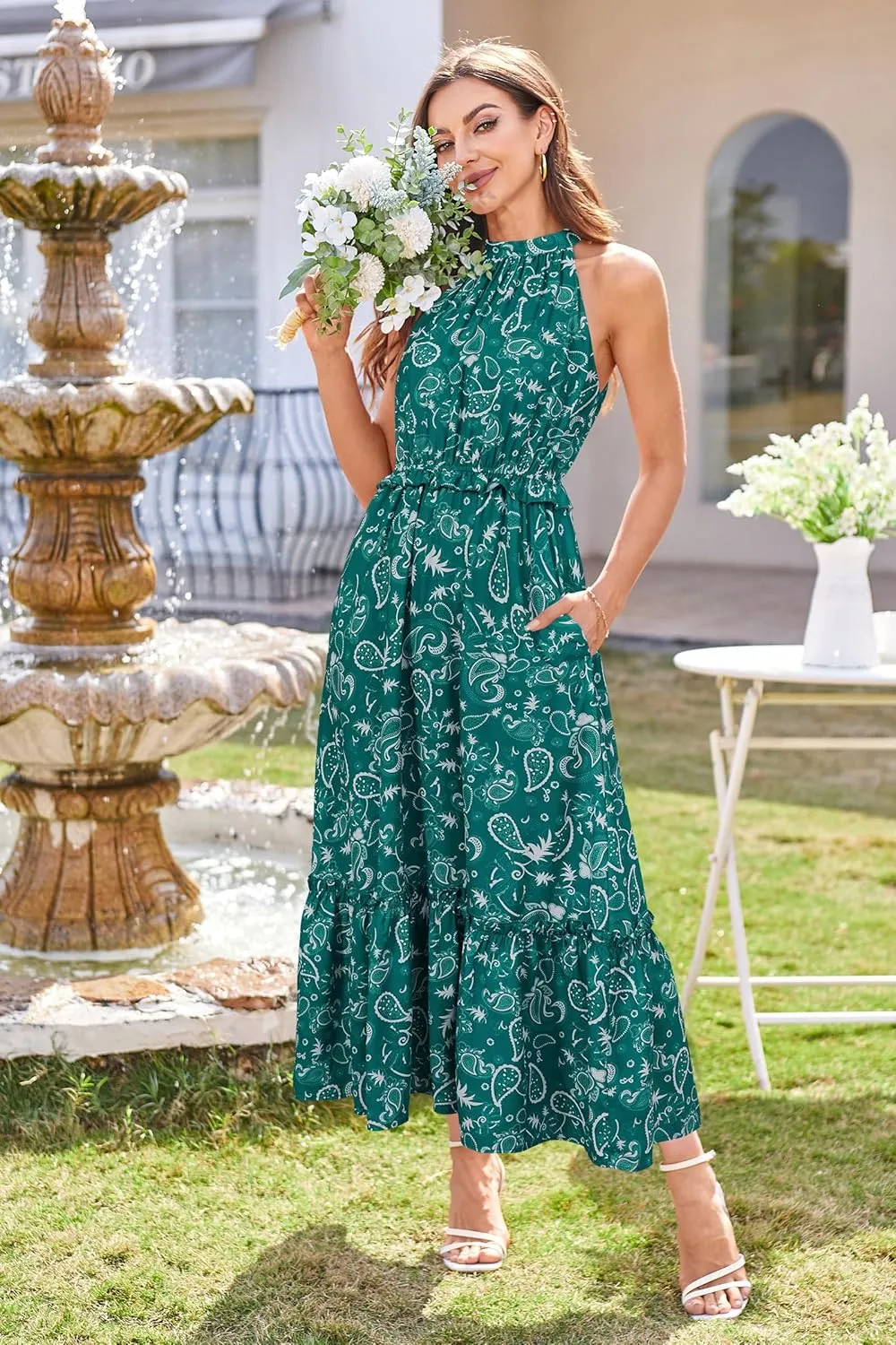 Newshows Womens 2025 Summer Vacation Outfits Halter Neck Floral Tiered Ruffled Flowy Casual Beach Boho Long Maxi Dress