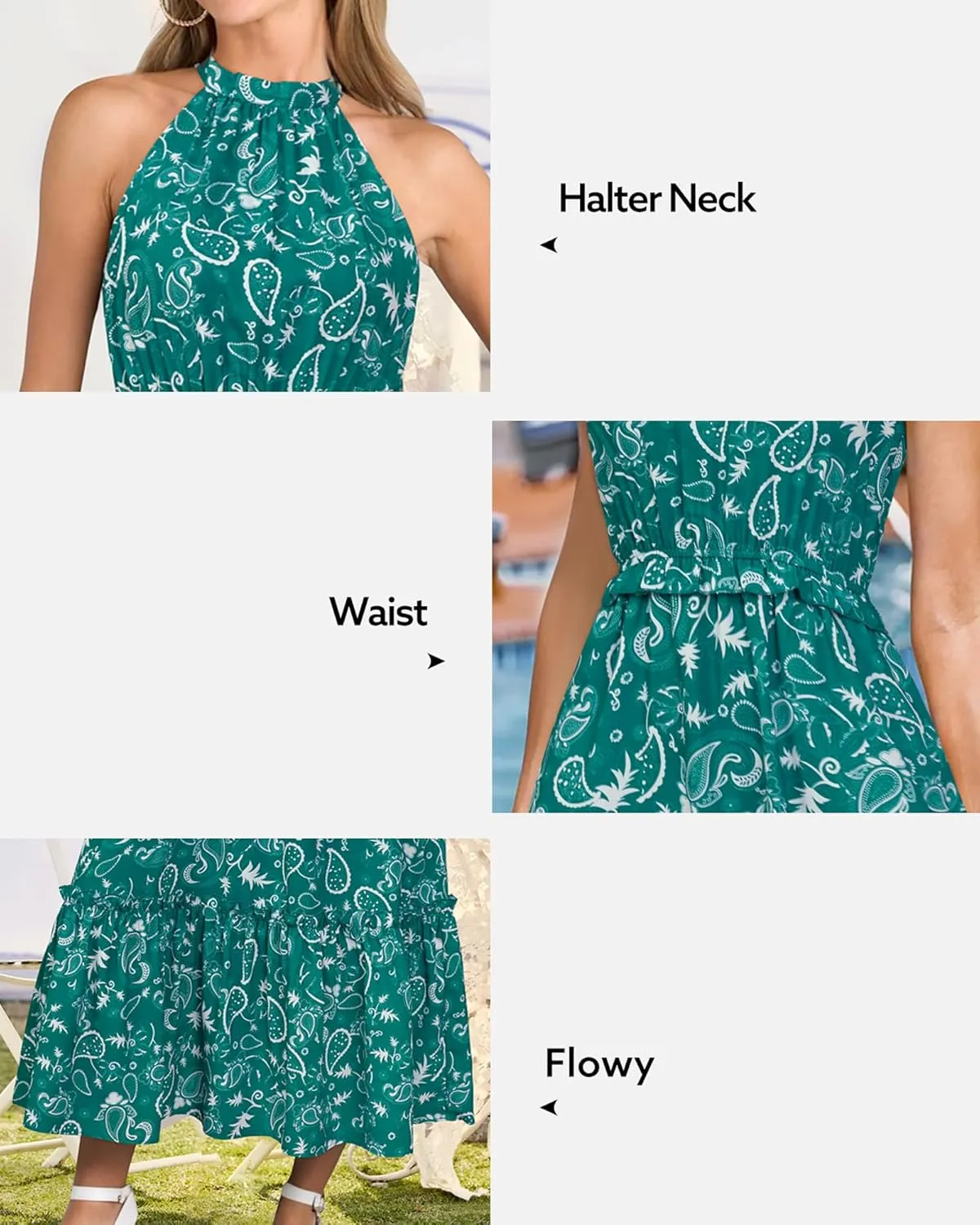 Newshows Womens 2025 Summer Vacation Outfits Halter Neck Floral Tiered Ruffled Flowy Casual Beach Boho Long Maxi Dress