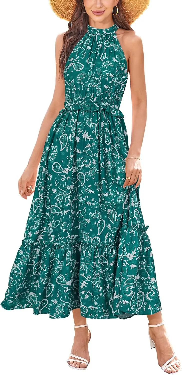 Newshows Womens 2025 Summer Vacation Outfits Halter Neck Floral Tiered Ruffled Flowy Casual Beach Boho Long Maxi Dress
