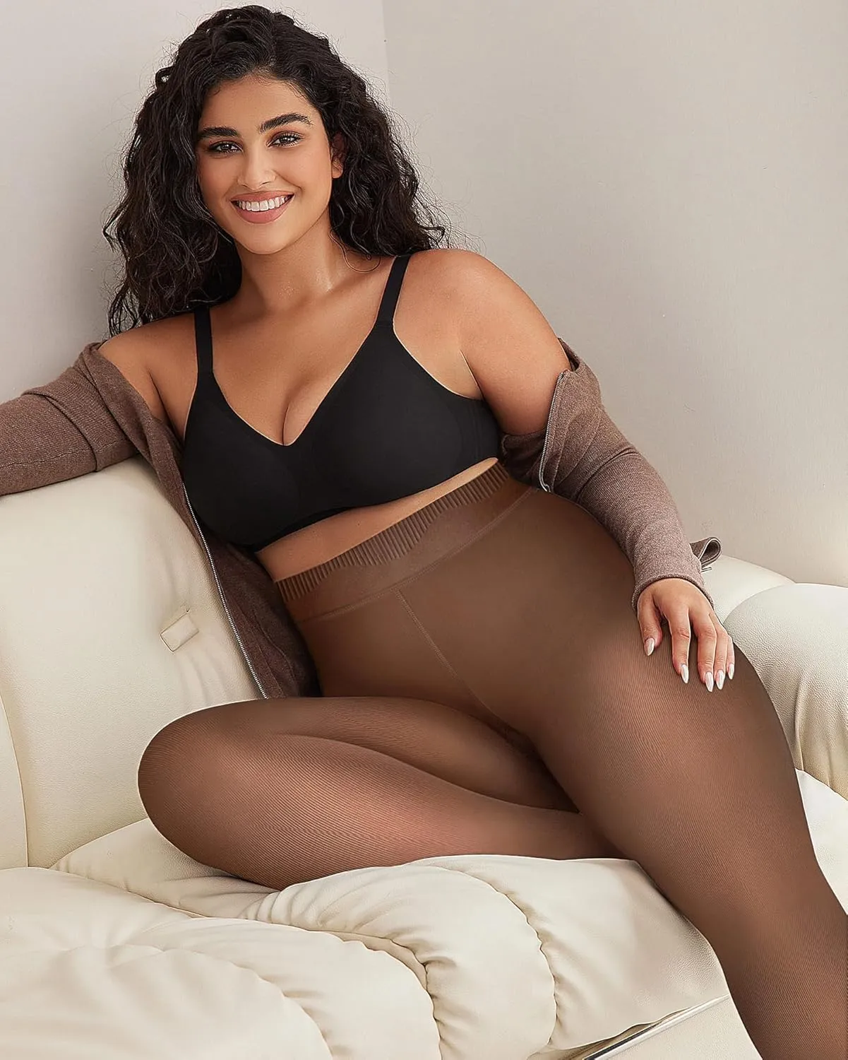 OEAK Women's Fleece Lined Leggings - Sheer Fake Translucent Pantyhose Thermal High Waisted Footed Tights S-XXL