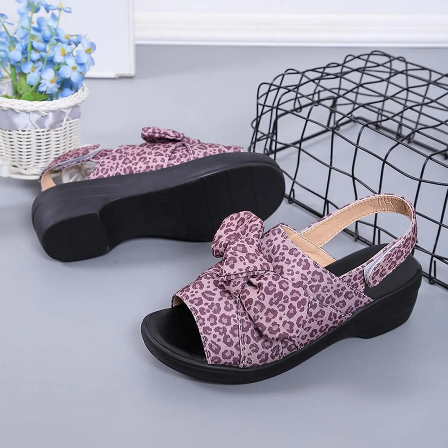 oiangi Bow Platform Sandals for Women Casual Summer Fish Mouth Open Toe Slingback Slipper Solid Comfortable Hook-and-Loop Beach Shoes Sandalias