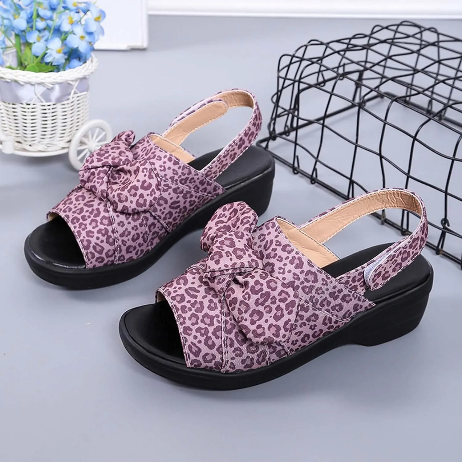 oiangi Bow Platform Sandals for Women Casual Summer Fish Mouth Open Toe Slingback Slipper Solid Comfortable Hook-and-Loop Beach Shoes Sandalias