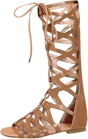 oiangi Womens Cross Strap Knee Boots Fashion Casual Open Toe Lace up Hollow Out Flats Knee High Boots Trendy Gladiator Sandals Shoes