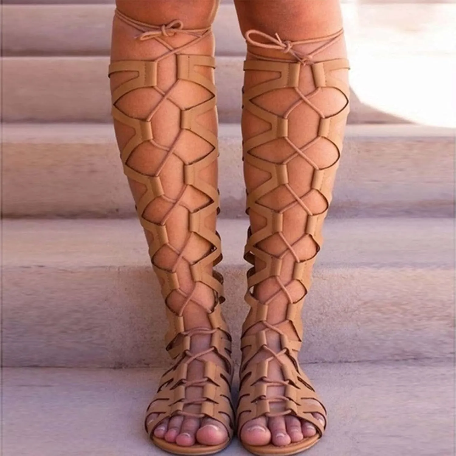 oiangi Womens Cross Strap Knee Boots Fashion Casual Open Toe Lace up Hollow Out Flats Knee High Boots Trendy Gladiator Sandals Shoes