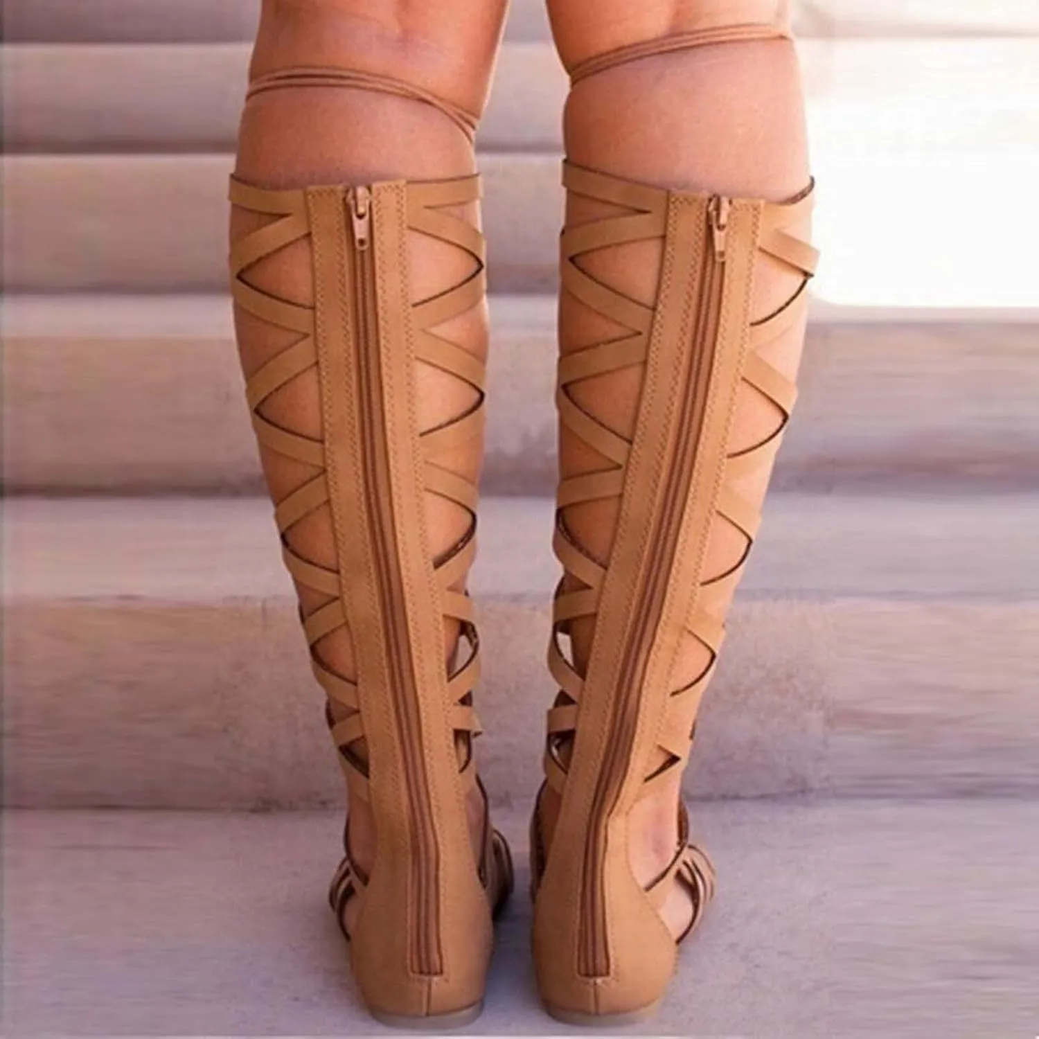 oiangi Womens Cross Strap Knee Boots Fashion Casual Open Toe Lace up Hollow Out Flats Knee High Boots Trendy Gladiator Sandals Shoes