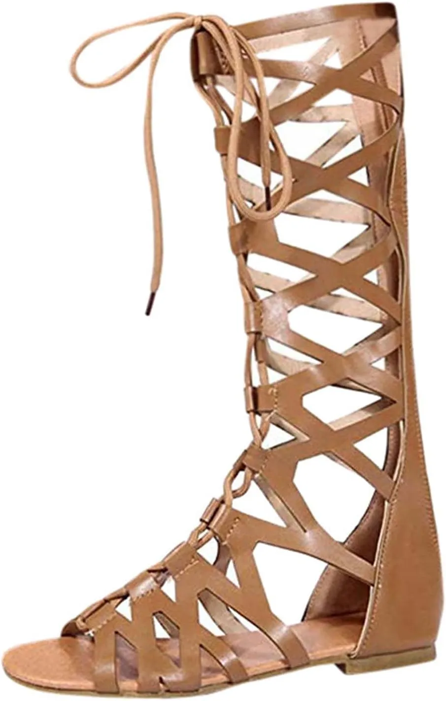 oiangi Womens Cross Strap Knee Boots Fashion Casual Open Toe Lace up Hollow Out Flats Knee High Boots Trendy Gladiator Sandals Shoes