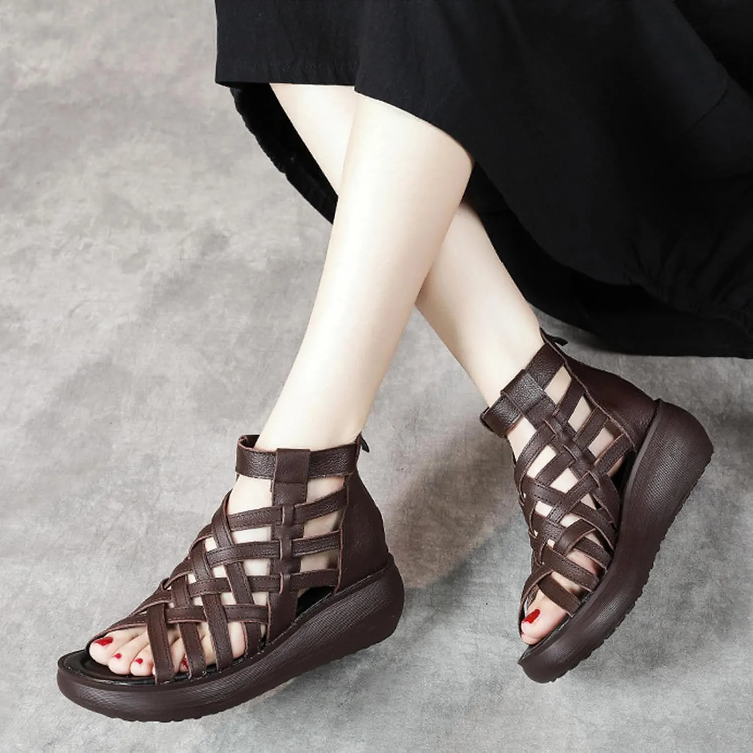 Optigard Women's High Top Leather Gladiator Wedge Sandals with Back Zipper Cut Out Breathable Platform Open Toe Roman Sandals Summer Casual Non-Slip Walking Beach Sandals