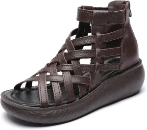 Optigard Women's High Top Leather Gladiator Wedge Sandals with Back Zipper Cut Out Breathable Platform Open Toe Roman Sandals Summer Casual Non-Slip Walking Beach Sandals