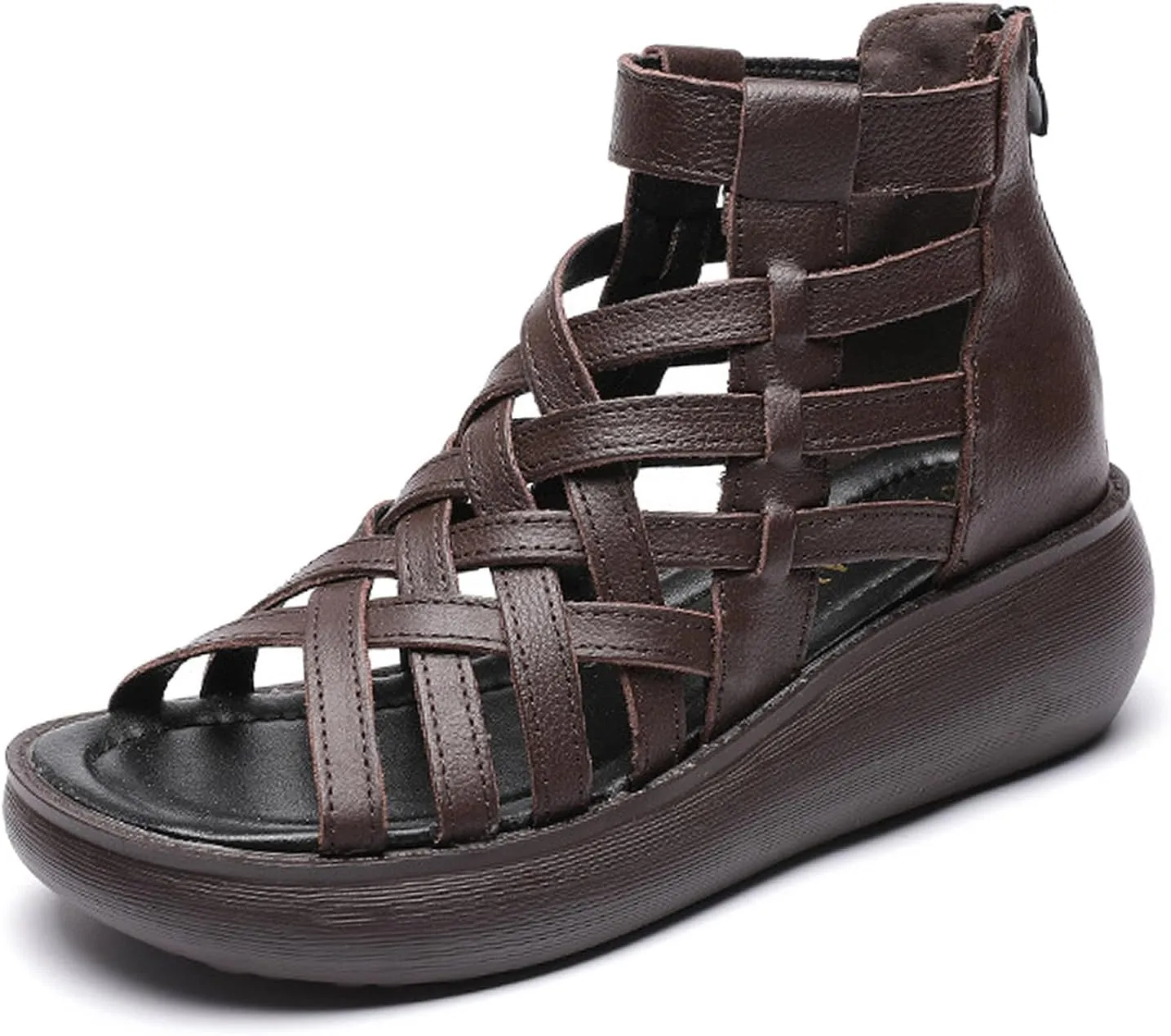 Optigard Women's High Top Leather Gladiator Wedge Sandals with Back Zipper Cut Out Breathable Platform Open Toe Roman Sandals Summer Casual Non-Slip Walking Beach Sandals