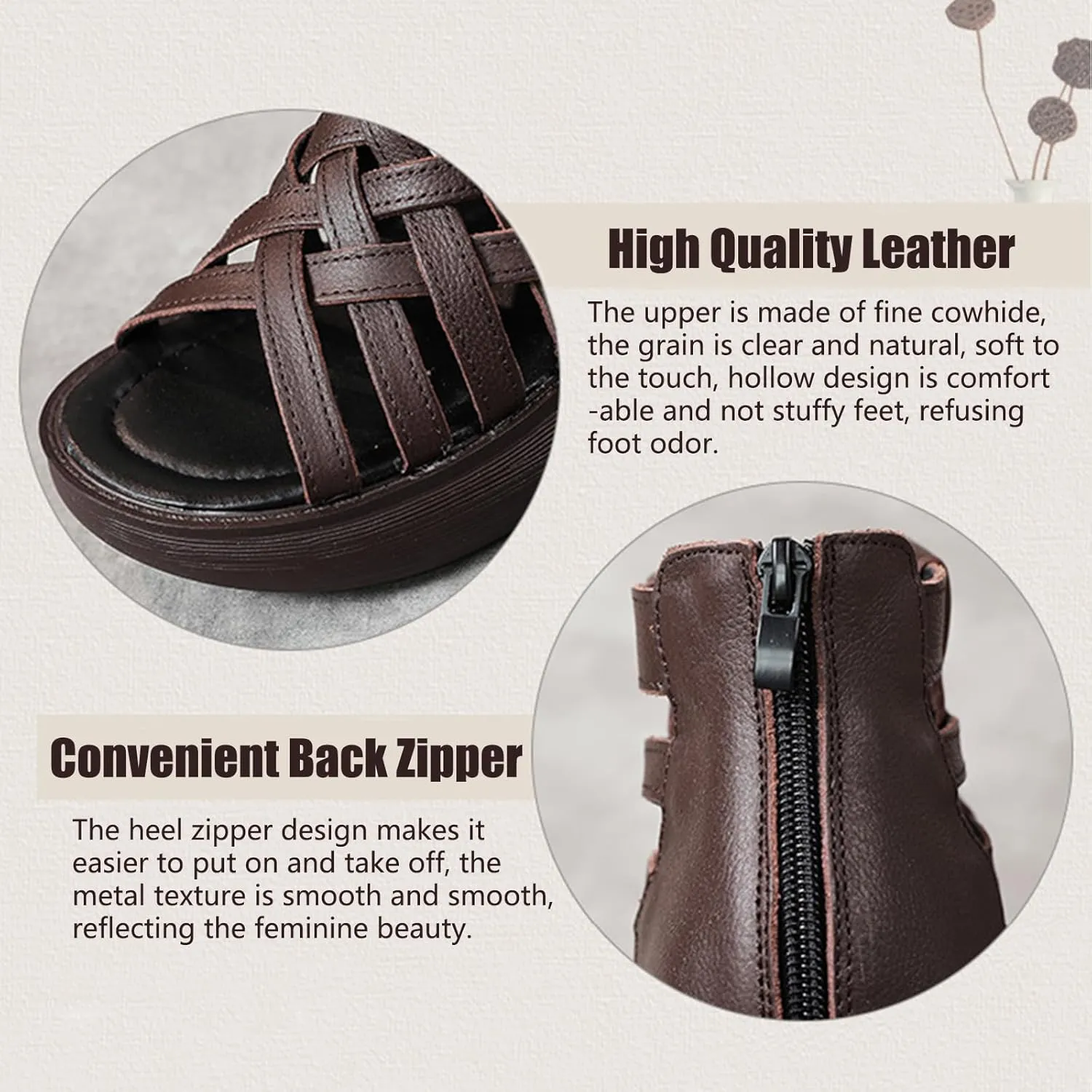 Optigard Women's High Top Leather Gladiator Wedge Sandals with Back Zipper Cut Out Breathable Platform Open Toe Roman Sandals Summer Casual Non-Slip Walking Beach Sandals