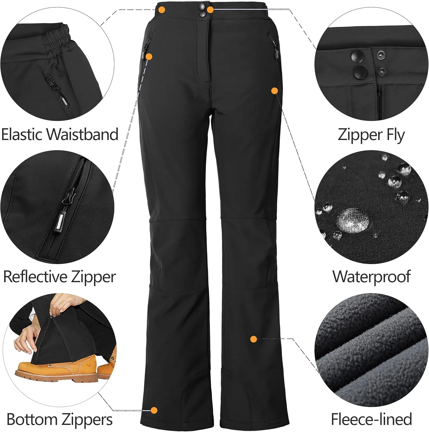 Outdoor Ventures Women's Sleek Waterproof Softshell Fleece Lined Ski Snow Insulated High Rise Hiking Pants with Bottom Zipper