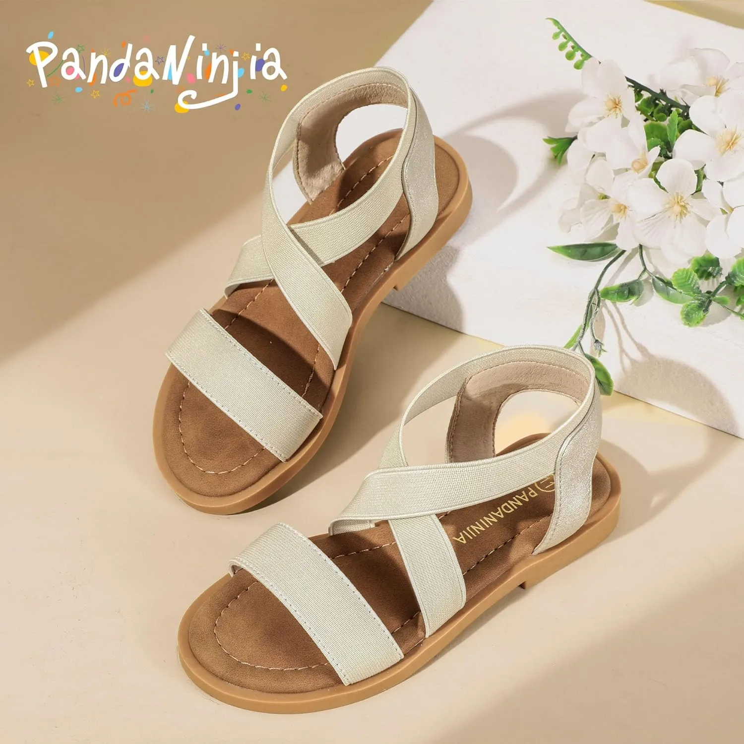 PANDANINJIA Girls Sandals Slip-on Elastic Ankle Cross Strappy Gladiator Dress Sandals Flats Summer Shoes Little Big Kids Sandals