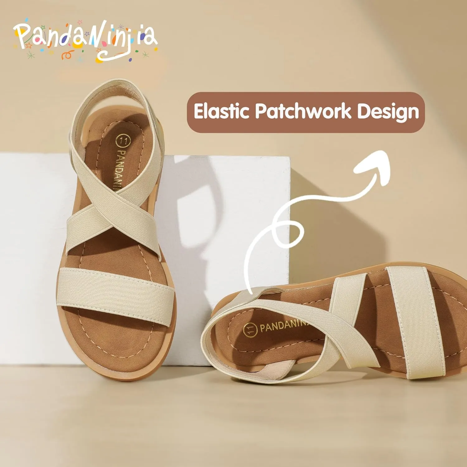 PANDANINJIA Girls Sandals Slip-on Elastic Ankle Cross Strappy Gladiator Dress Sandals Flats Summer Shoes Little Big Kids Sandals