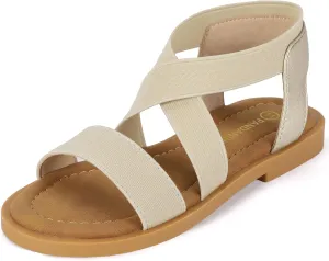 PANDANINJIA Girls Sandals Slip-on Elastic Ankle Cross Strappy Gladiator Dress Sandals Flats Summer Shoes Little Big Kids Sandals