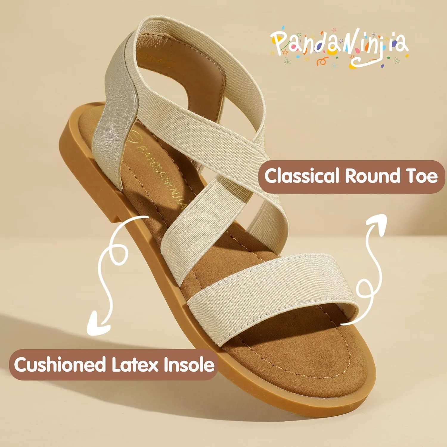 PANDANINJIA Girls Sandals Slip-on Elastic Ankle Cross Strappy Gladiator Dress Sandals Flats Summer Shoes Little Big Kids Sandals