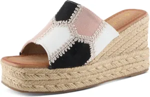 PATRIZIA Women's EVOLET Slide Sandals - Square Toe, Color Block Design, Jute Braided Platform, 4" Heel
