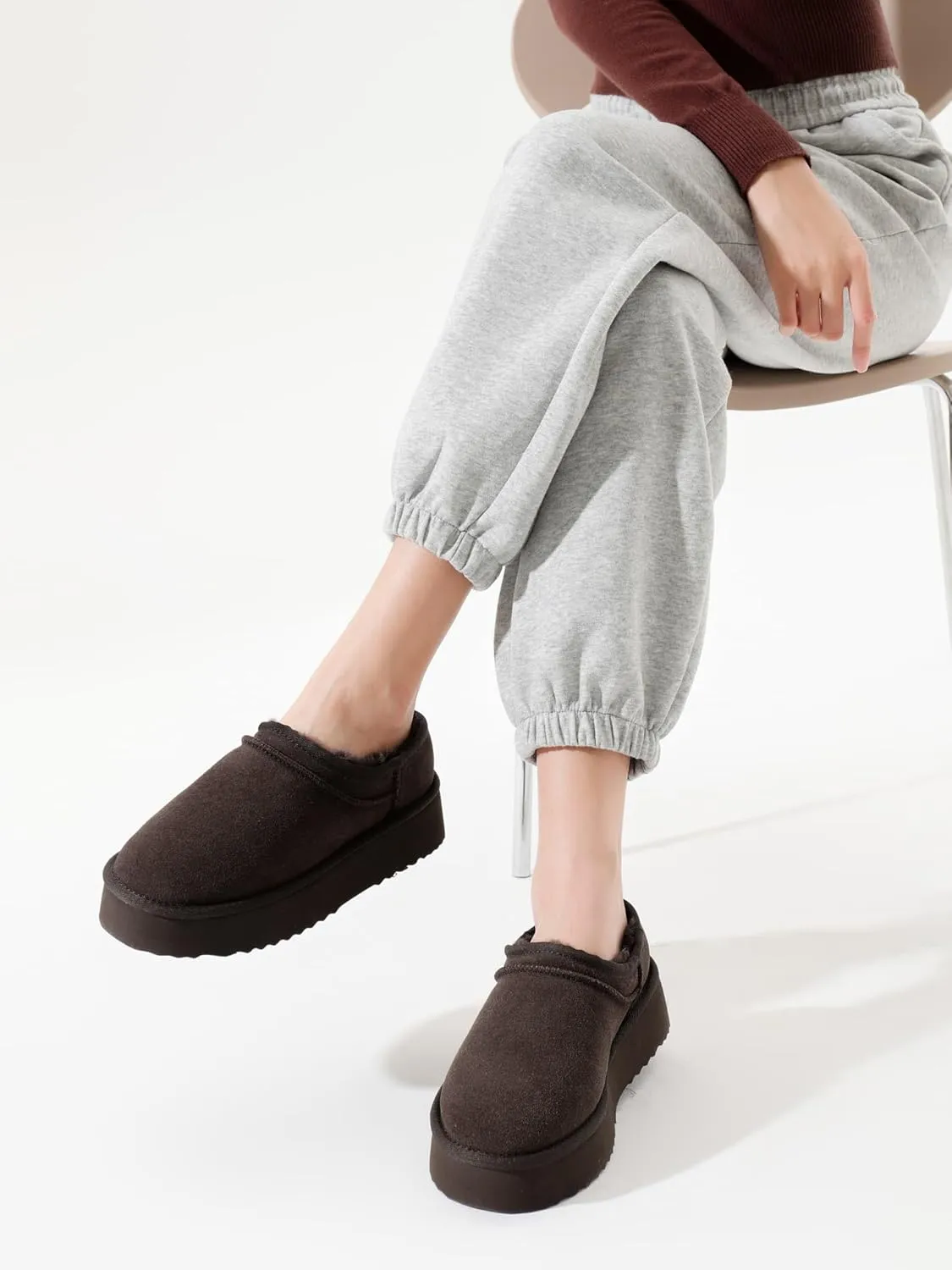 Platform Slippers for Women Genuine Suede Ankle Snow Boots Indoor Outdoor Winter Fur Slip On Mules