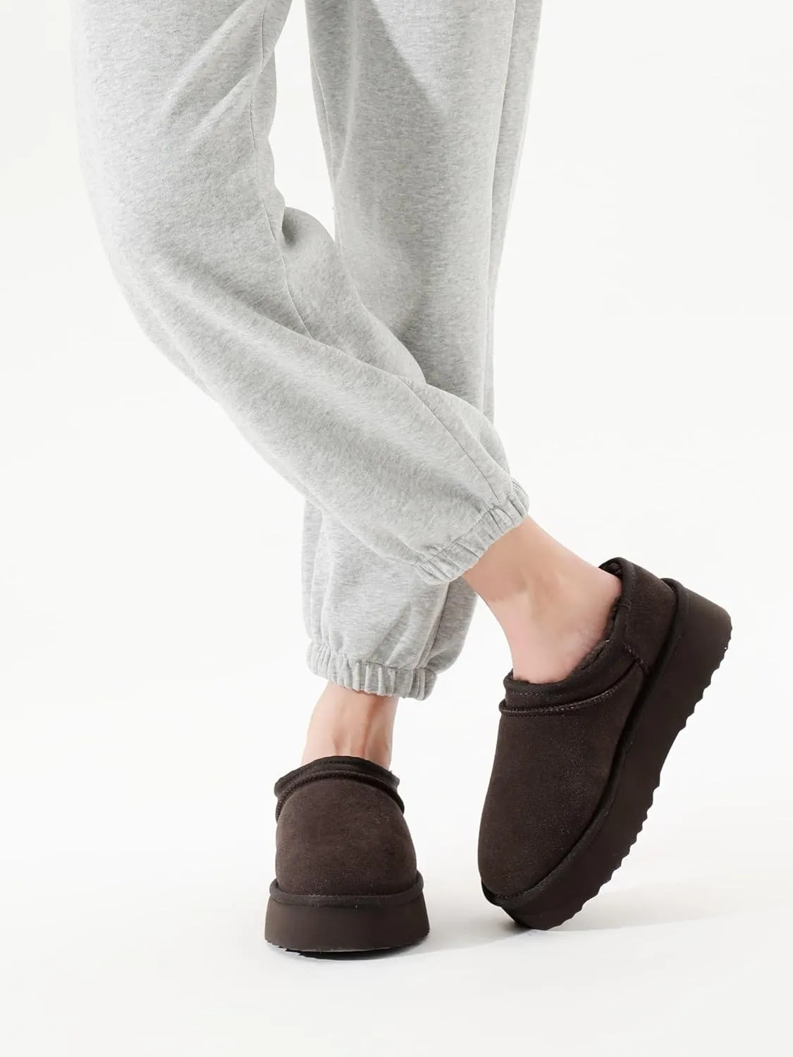 Platform Slippers for Women Genuine Suede Ankle Snow Boots Indoor Outdoor Winter Fur Slip On Mules