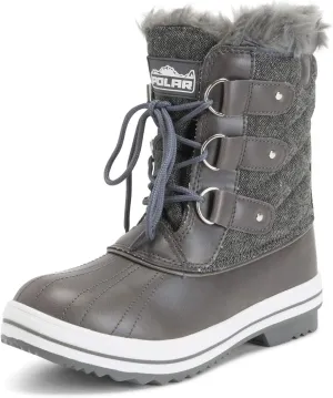 POLAR Womens Mid Padded Thermal Durable Rubber Sole Waterproof Winter Snow Faux Fur Boots - Grey Textile/Blue - EU40/US9 - YC0639