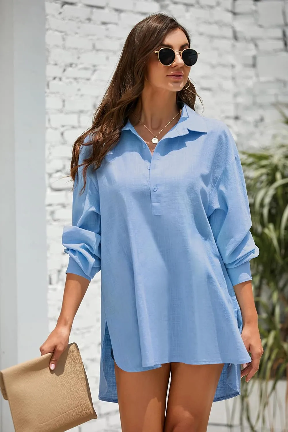 Pretifeel Womens Cotton Linen Tunic Shirts Button Down Long Sleeve Blouse Tops Beach Cover Up