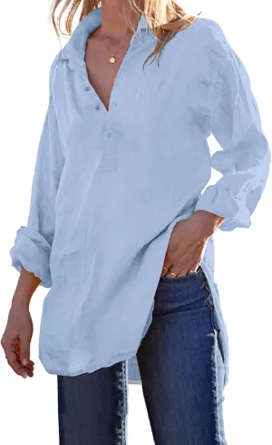 Pretifeel Womens Cotton Linen Tunic Shirts Button Down Long Sleeve Blouse Tops Beach Cover Up