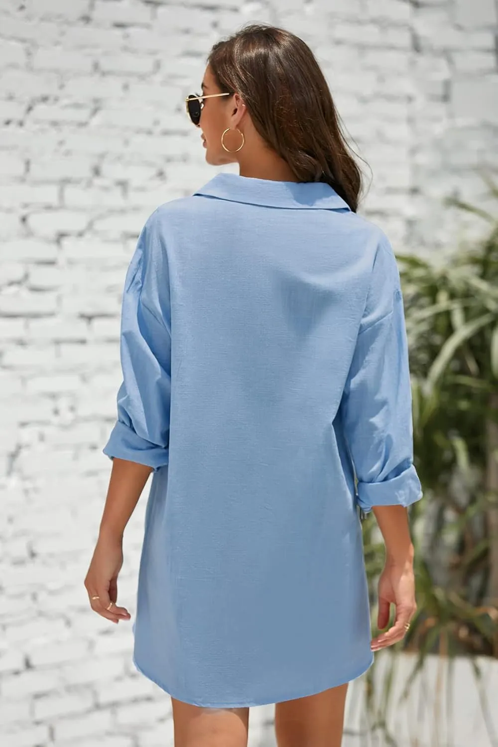 Pretifeel Womens Cotton Linen Tunic Shirts Button Down Long Sleeve Blouse Tops Beach Cover Up