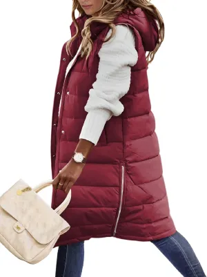 Puffer Vest for Women Long Down Hooded Vest Womens Sleeveless Zip Up Jacket Winter Thick Coats with Pockets