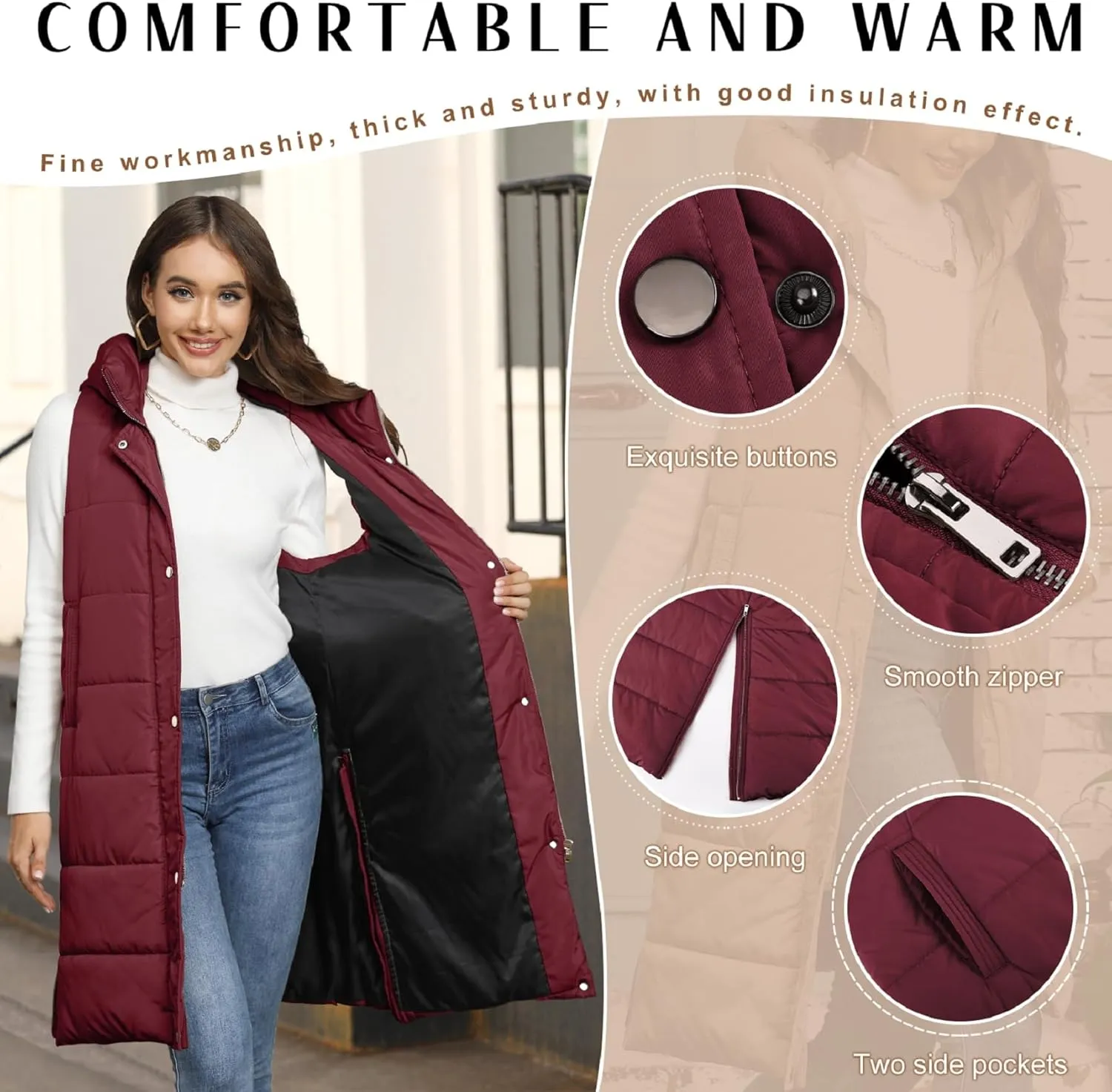 Puffer Vest for Women Long Down Hooded Vest Womens Sleeveless Zip Up Jacket Winter Thick Coats with Pockets