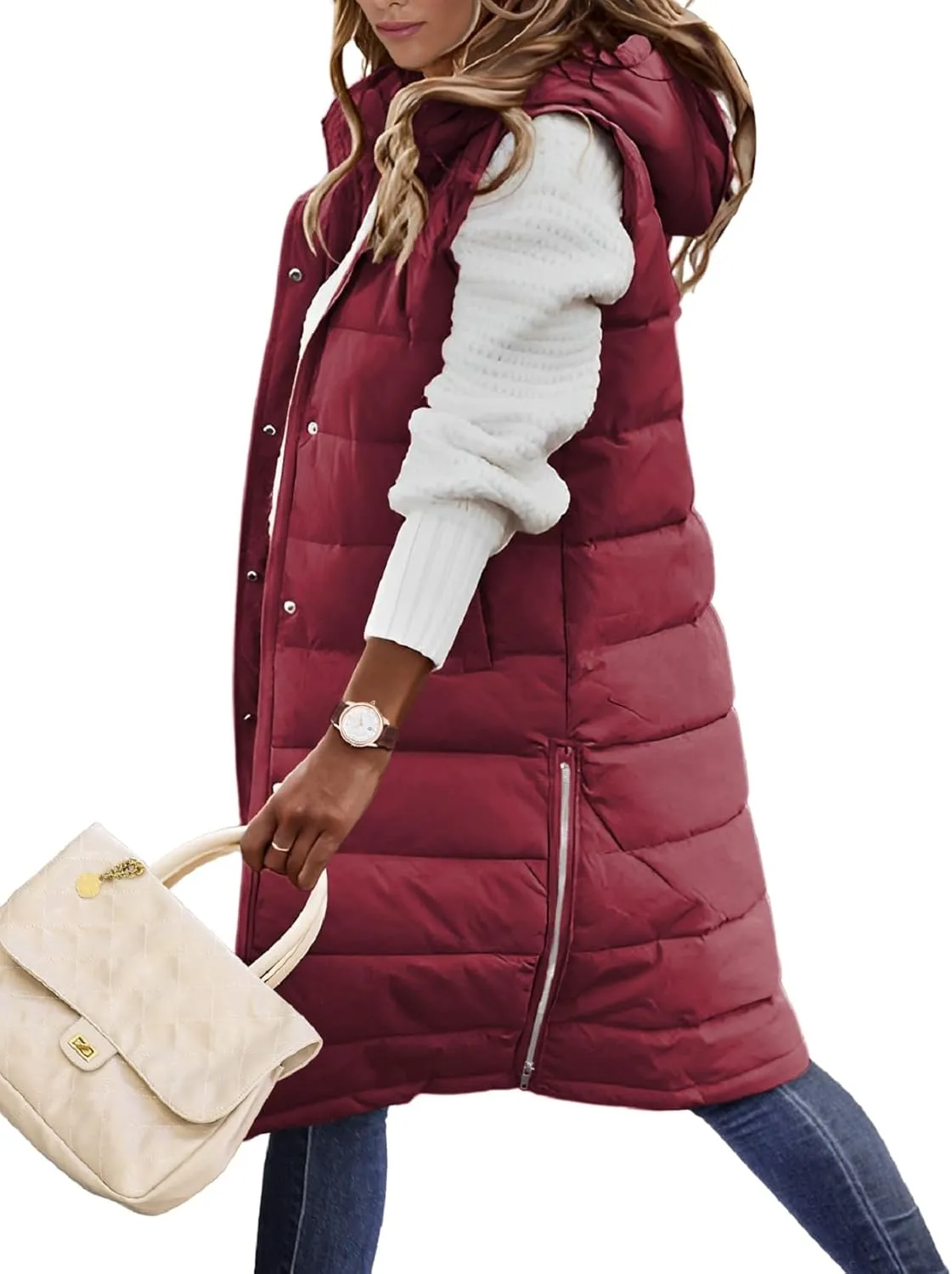 Puffer Vest for Women Long Down Hooded Vest Womens Sleeveless Zip Up Jacket Winter Thick Coats with Pockets