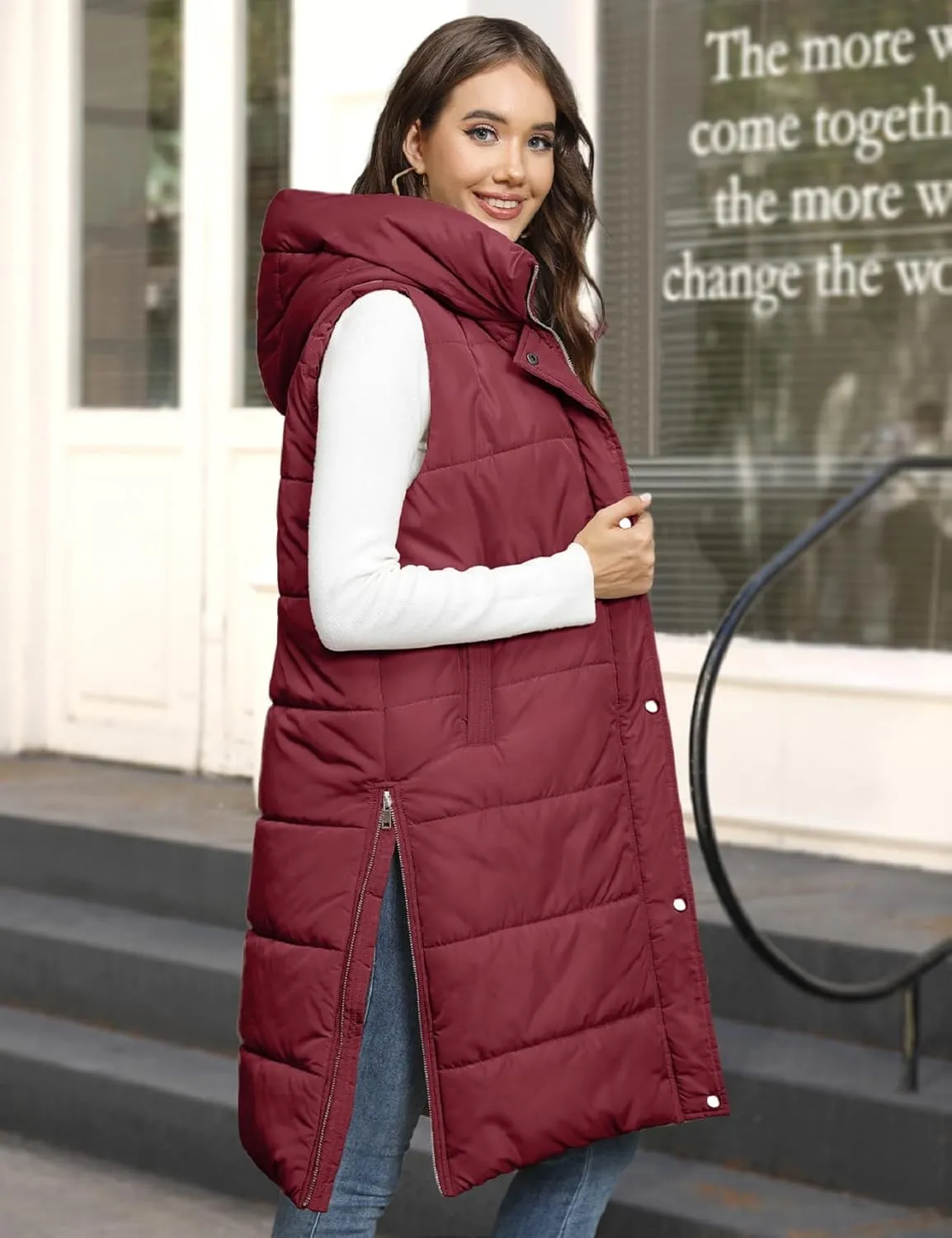 Puffer Vest for Women Long Down Hooded Vest Womens Sleeveless Zip Up Jacket Winter Thick Coats with Pockets
